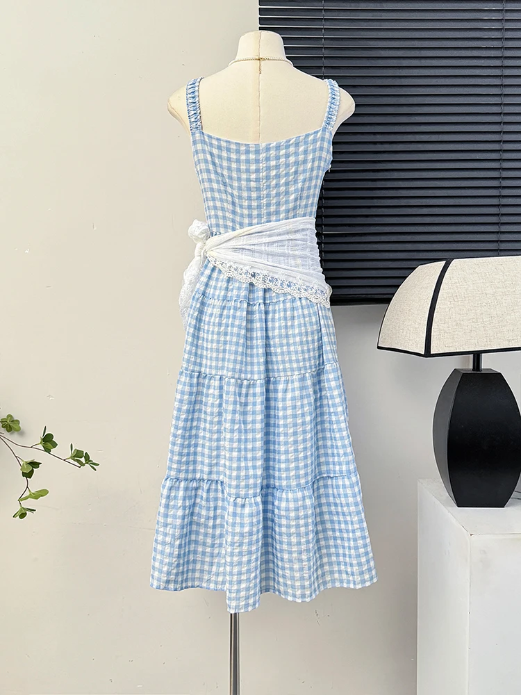 Kimotimo Sweet Plaid Spaghetti Strap Beach Dress Women Summer Fairy Vacation Style Lace Up Waisted A Line Long Dresses Vintage