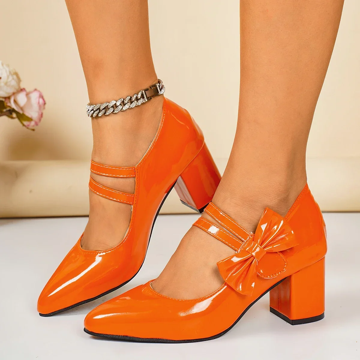 Damen-Spitzschuhe mit Blockabsatz für Partys, Modische Damen-Einriemen-Schuhe, Rutschfest, Verschleißfest, Büro-High-Heels, Größe 35-42 – Detail 15