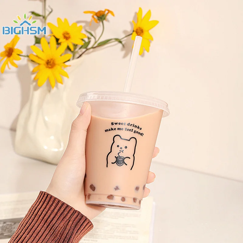 Kawaii Water Bottle For Coffee Juice Milk Tea Cute Plastic Cold Cups With Straw Lid Portable Reusable Drinking Bottle BPA Free