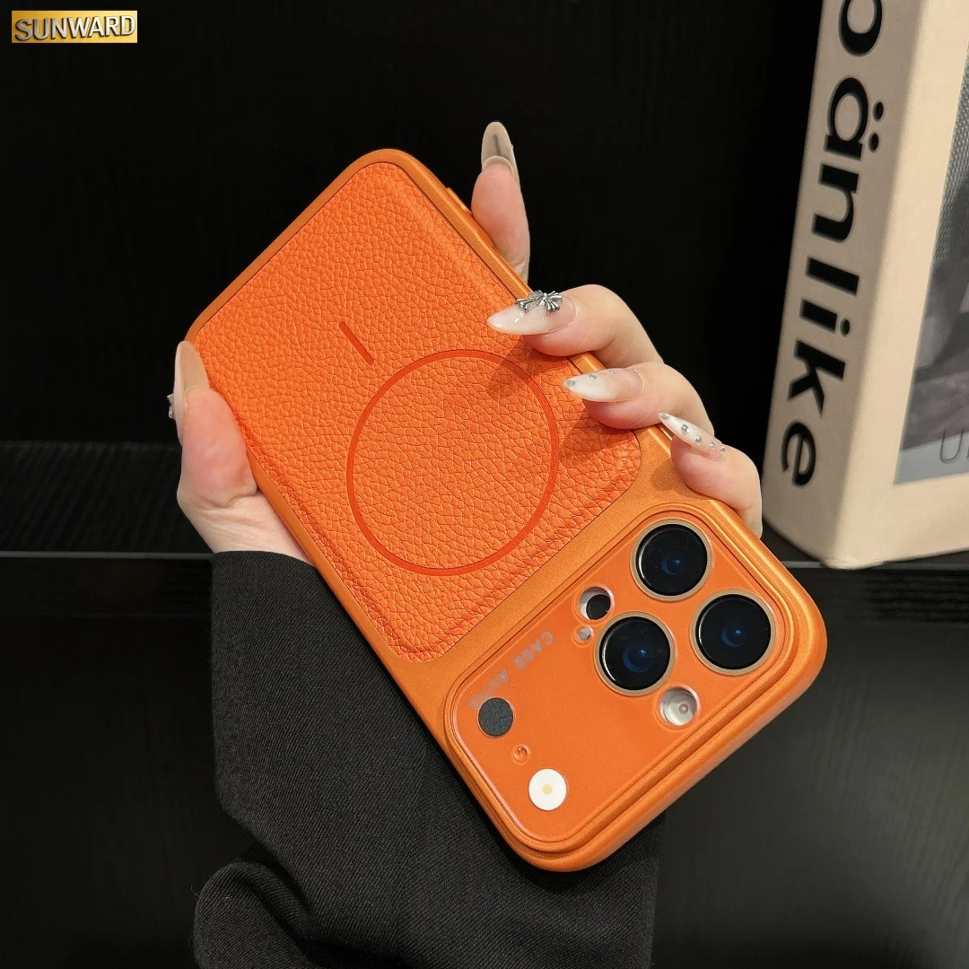 For Magsafe Magnetic Leather Texture Phone Case For iPhone 17 16 15 14 13 12 11 17 Pro Max Crystal Glass Lens Protection Cover