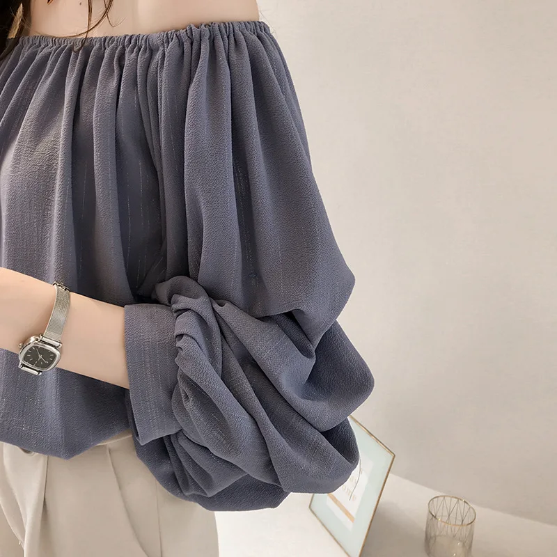 Spring Korean Fashion Pile Up Sleeves Loose Blouses Solid Color Sweet Female Elastic Round Neck Casual Shirt Women's Clothing