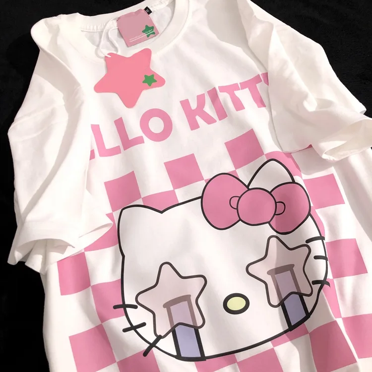 

Футболка женская оверсайз с рисунком Hello Kitty, модный топ в стиле аниме Sanrio, кавайная эстетичная уличная одежда, подарок, Y2k