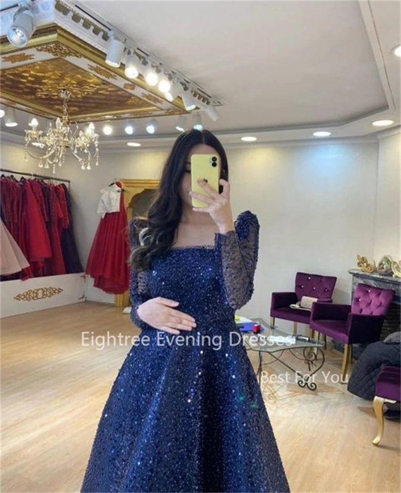 Eightree Dubai Turquoise Sequined Prom Dresses Long Sleeves Midi Saudi Arabia Muslim Evening Dress Luxury Bespoke Occasion Gowns