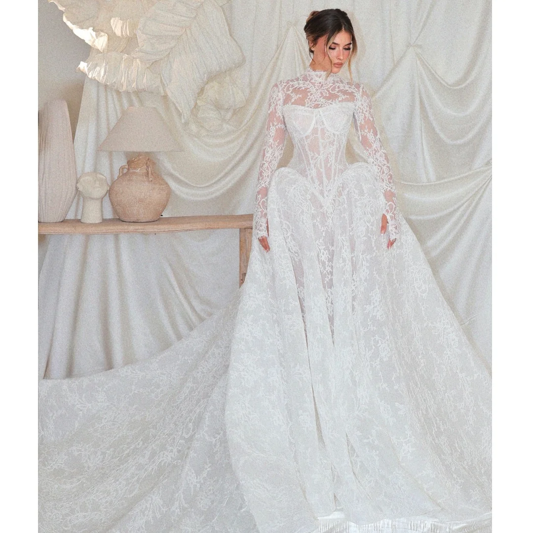 

High Collar Retro Wedding Dresses Lace Corset Flowy Bridal Gown Long Sleeves Exquisite robe de mariée Customized