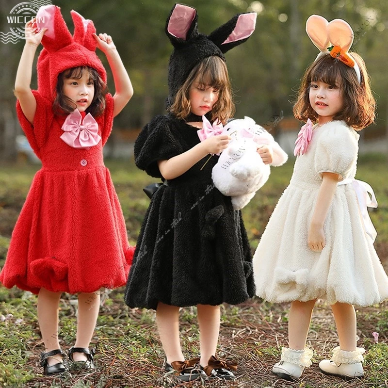 Traje de halloween para crianças palco jogar traje branco coelho bonito com um vestido de princesa branco preto vermelho festa de halloween