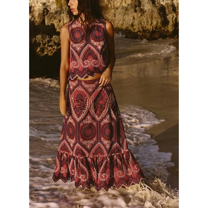 Comfortable round Ne Svel Embroidered High Waist Midi Skirt Two Piece Set Spring Faion Women's Clothing