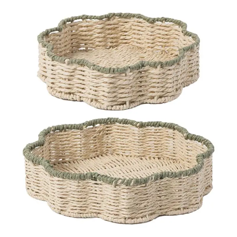 

Round Fruit Basket Tea Snack Bread Basket Stylish Woven Serving Tray Fruit Cake Food Plate Kitchen Storage Basket for Tea