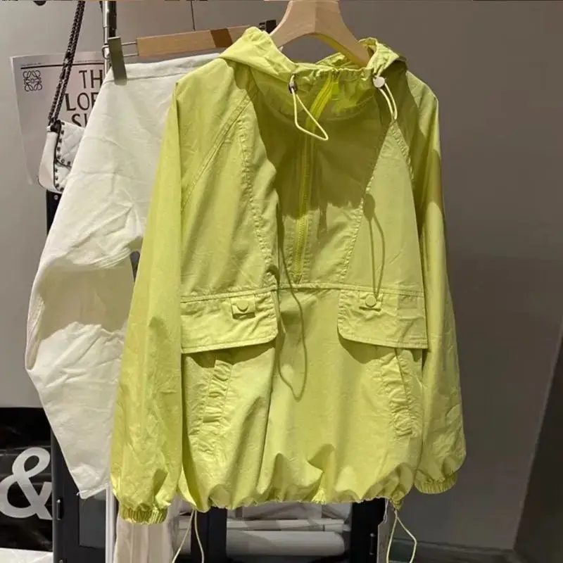 2024 New Women Zipper Jacket Fashion Yellow Summer Hooded Top Thin Coat Korean Loose Sun Screen Clothing Hoodies Outwear Female