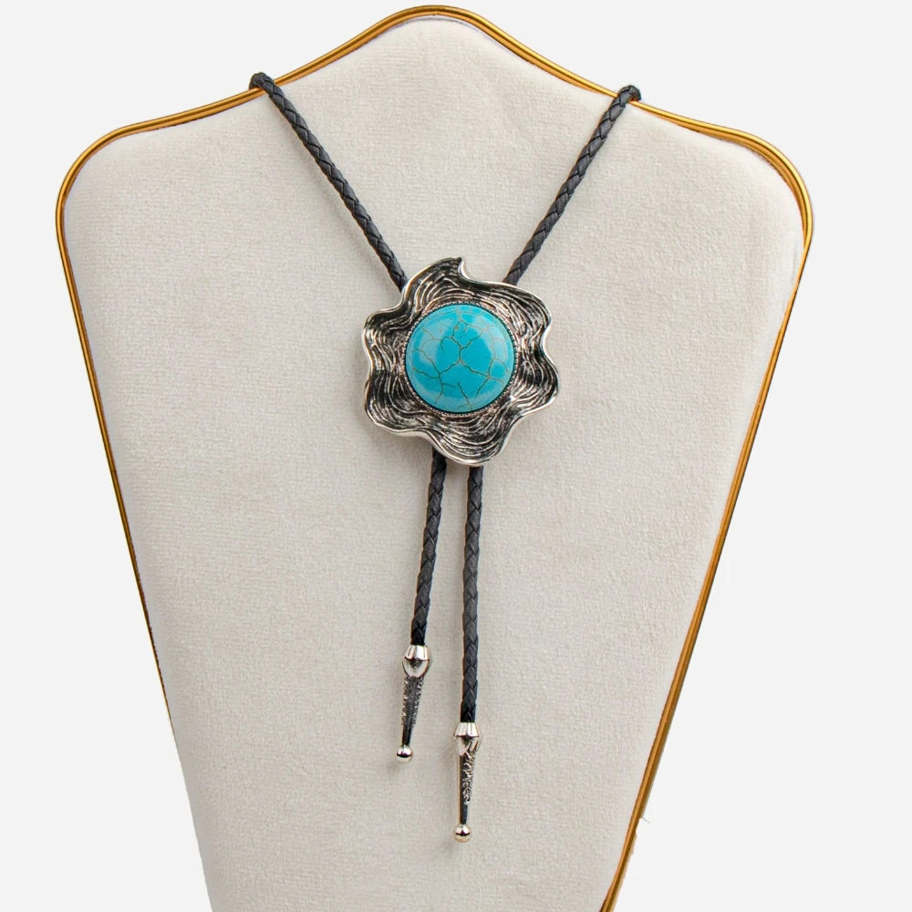 New Round Turquoise Bolo Tie for Women Men Western Cowboy Necktie Unisex Unique Design Adjustable Rope Chain Accessory