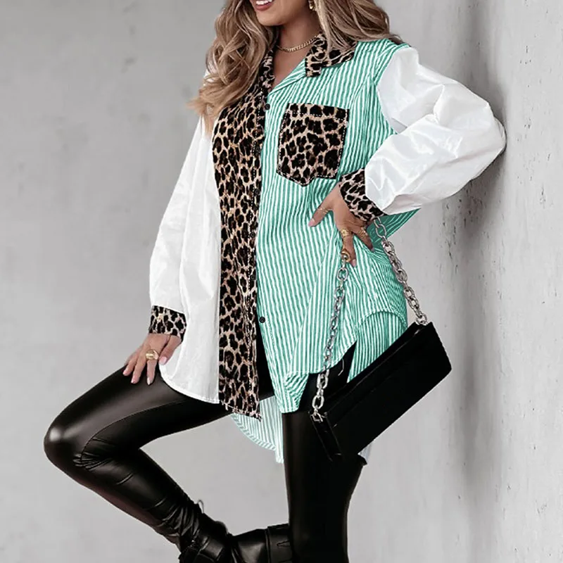 Mode revers col manches longues femmes chemise décontracté haute rue Blouse ample Blusa élégant imprimé léopard rayures imprimer hauts