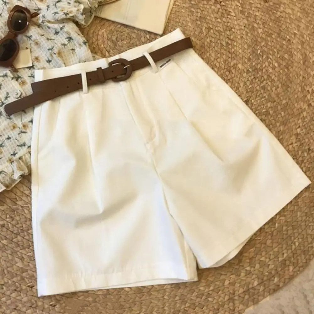 Shorts de cinto ajustável feminino, cintura alta elegante com bolsos, terno monocromático linha A, verão