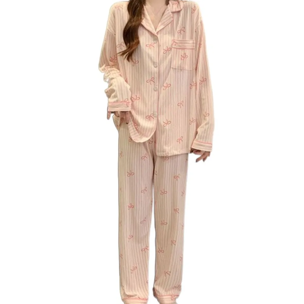 

Loose Stripe Bow Pajamas Set Loose Korean Style Sweet Pajamas Suit Casual Home Wear Long Sleeves Pajamas Girl