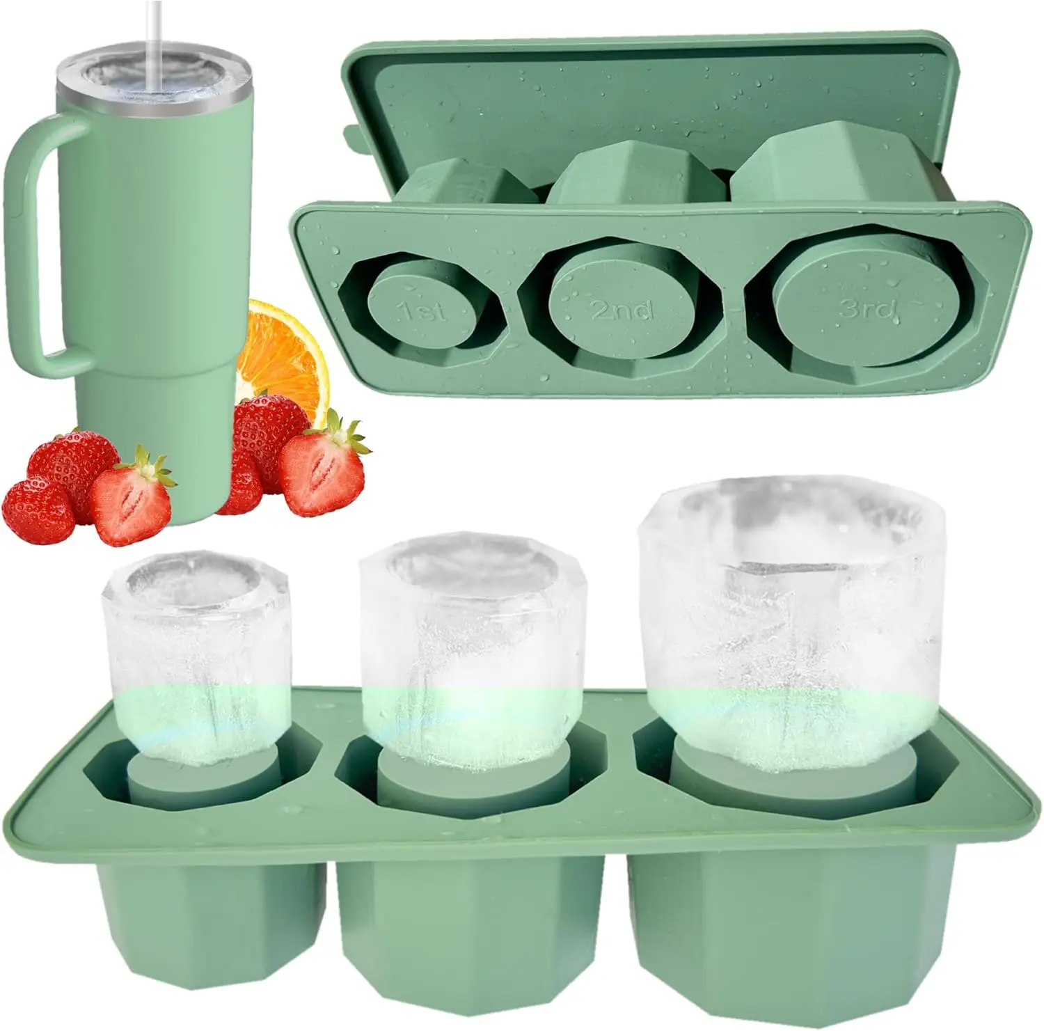 3-Grid Ice Cube Tray for Stanley 30/40 oz Tumbler Cups Reusable Cylinder Silicone Ice Cube Molds with Lid for Drink Juice Coffe