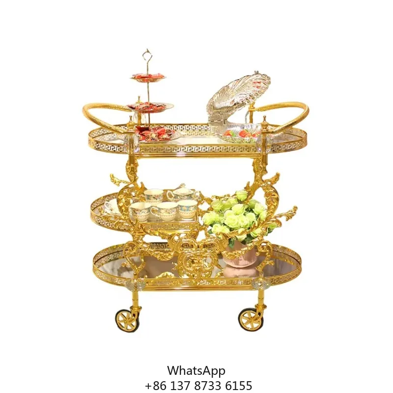 

Luxury Dining Cart Custom Carved Golden Copper Trolley For Hotel Family Kitchen Outdoor Living Room Home Bar Modern