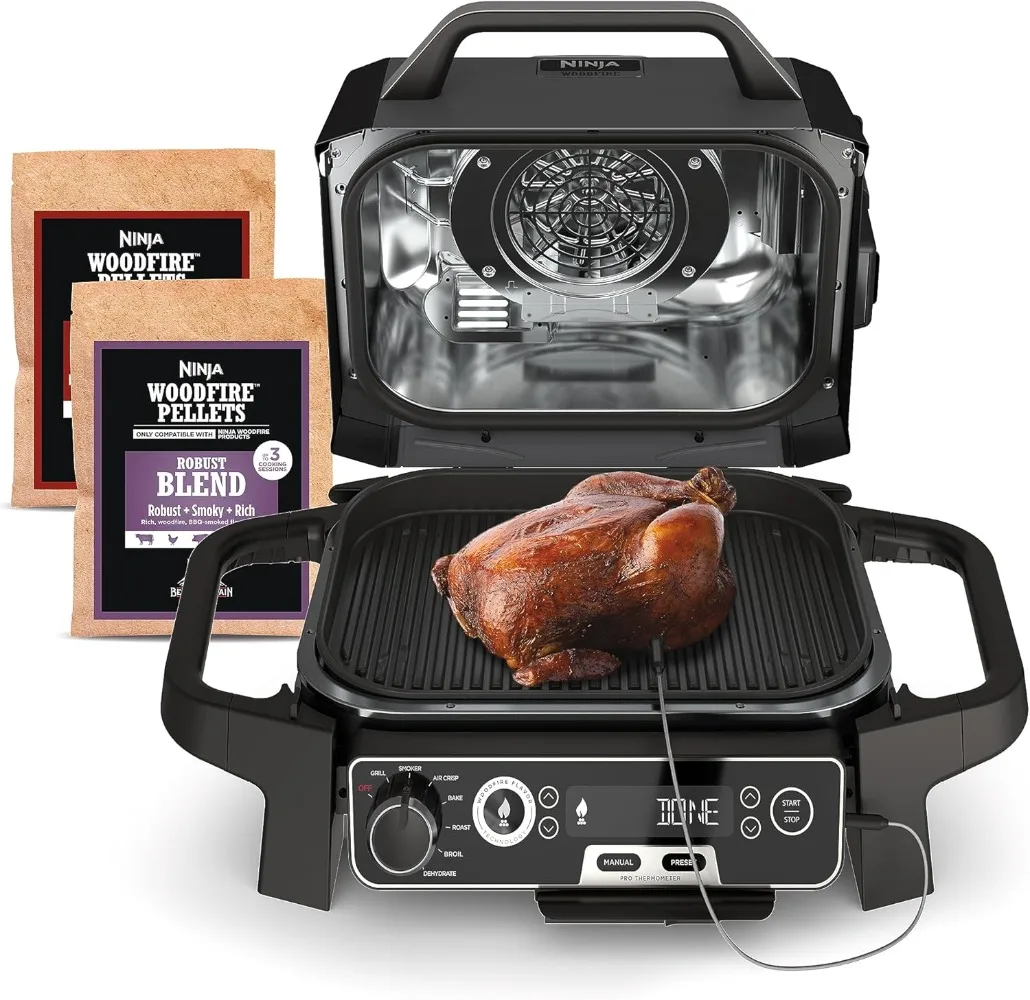 

Woodfire Pro 7-in-1 Grill & Smoker with Thermometer Air Fryer BBQ Bake Roast Broil - Portable Electric Outdoor Grill Grey