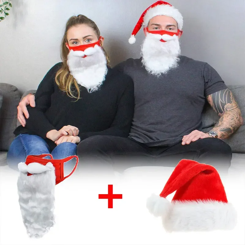 Christmas Santa Claus Beard Mask Hat Adult Unisex Funny Reusable Santa Beard Face Cover Shield for Xmas Party Cosplay Decoration