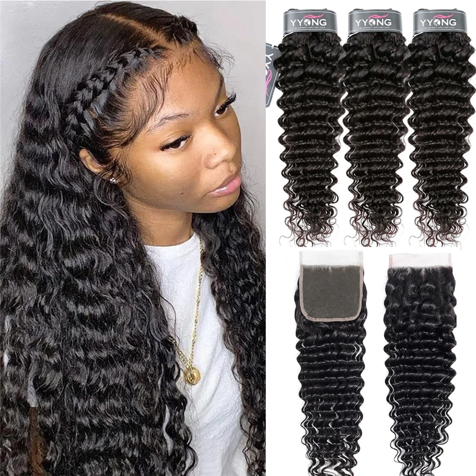 YYong Deep Wave Bundles With Closure Human Hair Deep Curly Closures With Bundles Brazilian Hair Weave 3 Bundles With Closure