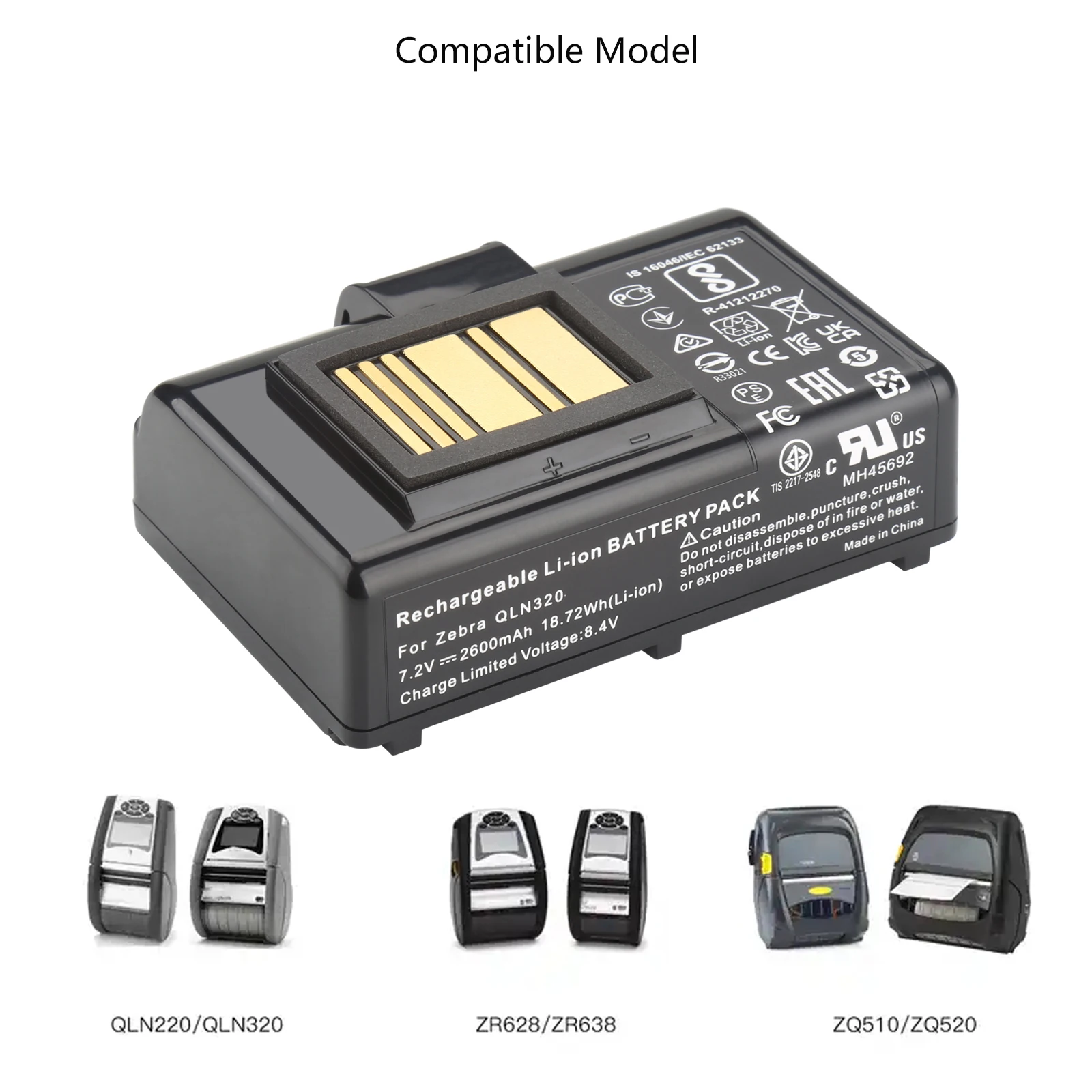 7,2 V 2600 mAh para Zebra QLN220/HC,QLN320,ZQ510,ZQ520,ZQ500,ZR628,ZR638,ZQ610,ZQ620,ZQ521