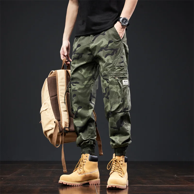 

Spring and Autumn American camouflage casual multi pocket loose zipper ankle long pants for men workwear cargo pants for men