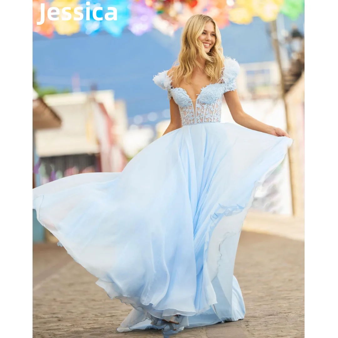 

Jessica Sky Blue Prom Dresses Lace Embroidery Feather Luxury Prom Dress 2024Vestidos De Noche Formal Occasions Party Dressese