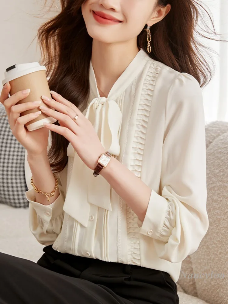 Korean Fashion Bow Chiffon Shirt Women's Spring and Autumn Clothing 2024 New High-Grade Long-Sleeved Top Commuting Daily Blouse