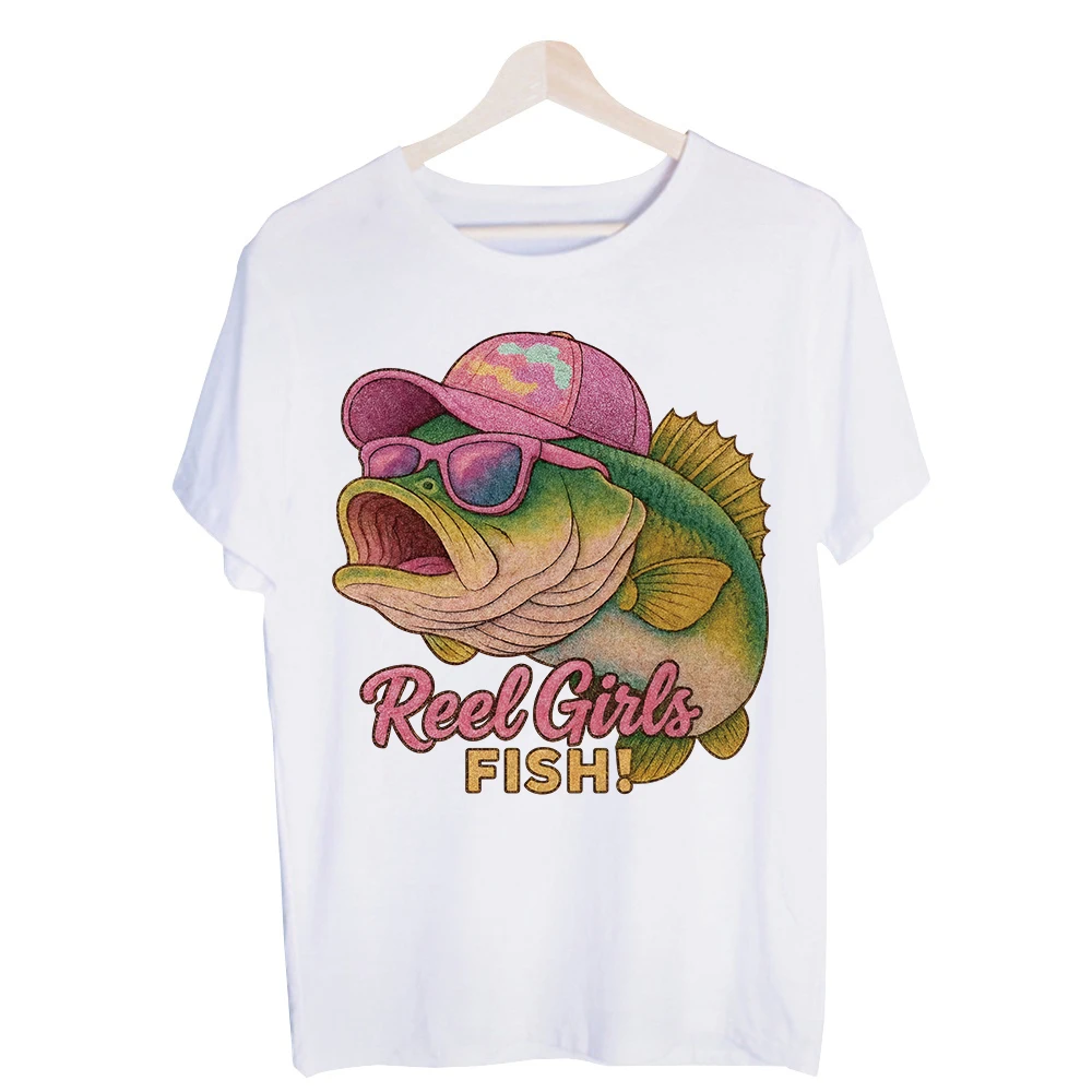 Women's Bass Fish with Sunglasses and Cap Graphic Tee, Short Sleeve Casual T-Shirt for Fishing and Outdoor Activities