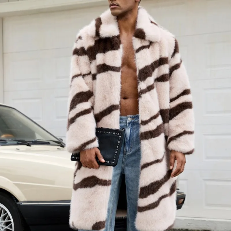الشتاء رشاقته الدافئة السترات معاطف 2025 الرجعية رجل الفراء رقيق معاطف طويلة سترة ملابس خارجية فو الفراء زيبرا مخطط فضفاض سترة القمم