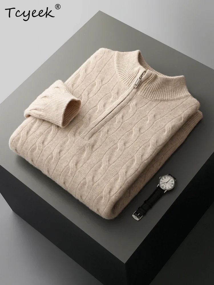 Office Autumn Winter Sweater Pullover Men 100% Merino Wool Sweater Mock Neck Twist Flower Warm Clothes Commut Versatile Knitted
