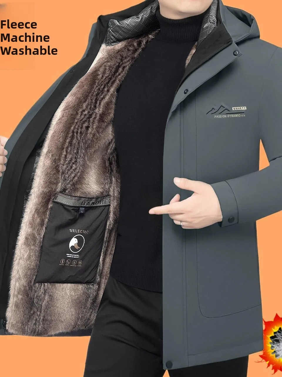 

Detachable Inner Liner Hooded down Jaet Warm Casual Fce Lined Coat for Middle-Aged Busin Men Thiened Winter Outerwear