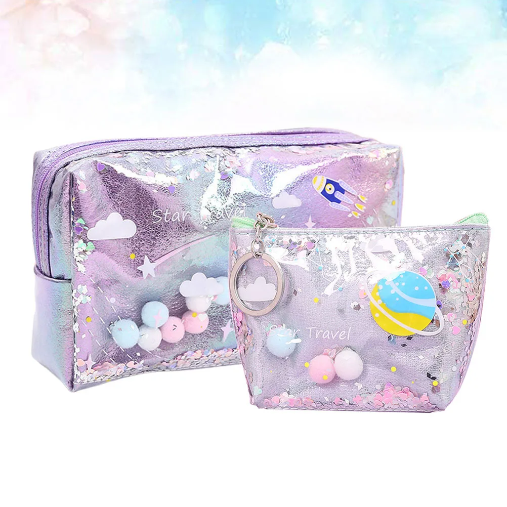 

2Pcs Waterproof Makeup Pouch Travel Bag Set Portable Coin Purse for Women Purple Large Small Sizes