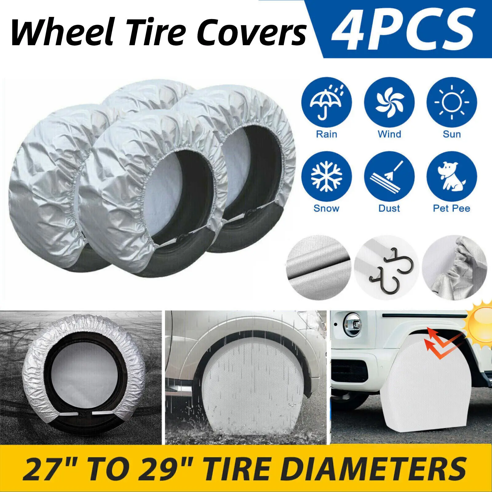 4PCS 27-29" Waterproof Tire Covers Wheel & Type RV Trailer Camper Sun Protector