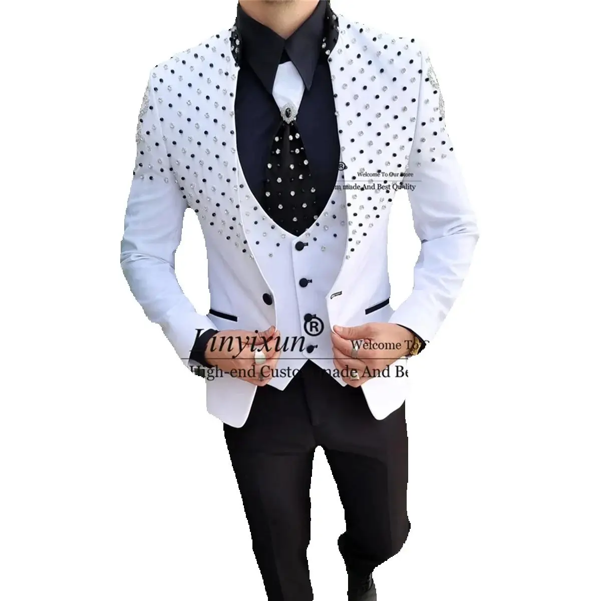 

Luxury Pearl Beaded Men Suits Slim Fit Wedding Groom Tuxedo Customized Male Prom Party Blazers 3 Pieces Sets Costume Homme