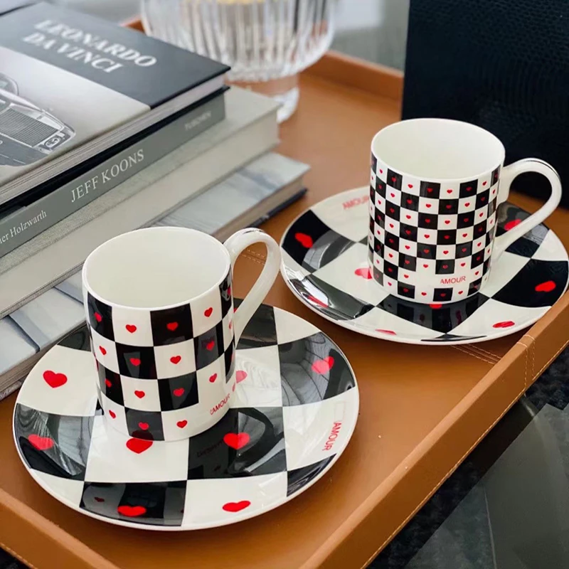 Water Mug Checkerboard Design Home Dinnerware Set Creative Gift Box Coffee Cup Set Ceramic Milk Mug Christmas Gift Lover Cup