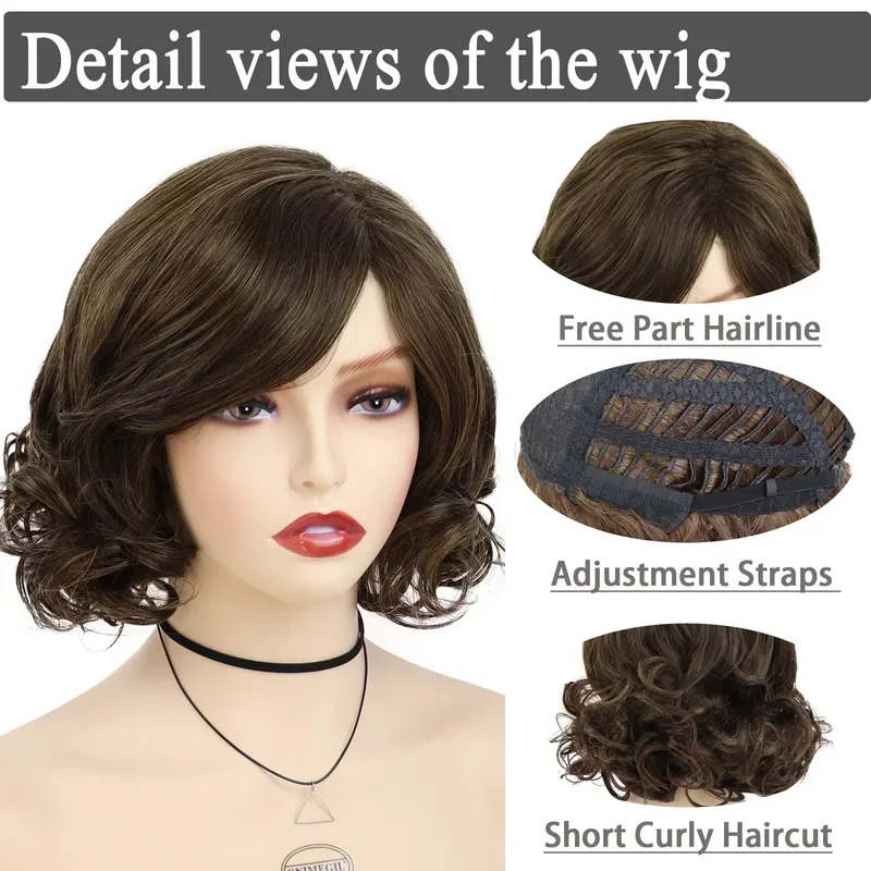 GNIMEGIL Synthetic Hair Women's Short Curly Wig with Bangs Natural Dark Brown Bob Wig Fluffy Elegant Daily Cosplay Mommy Wigs