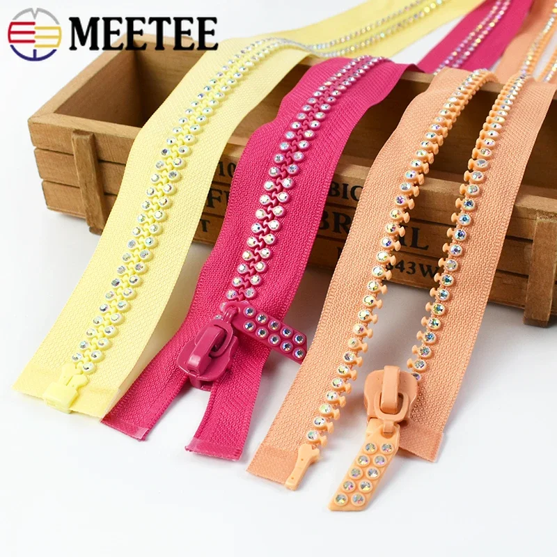 Meetee 1/2/5Pcs 60cm Rhinestone Resin Zipper Open-End Decor Zippers for Sewing Bag Clothes Jacket Garment DIY Repair Accessories