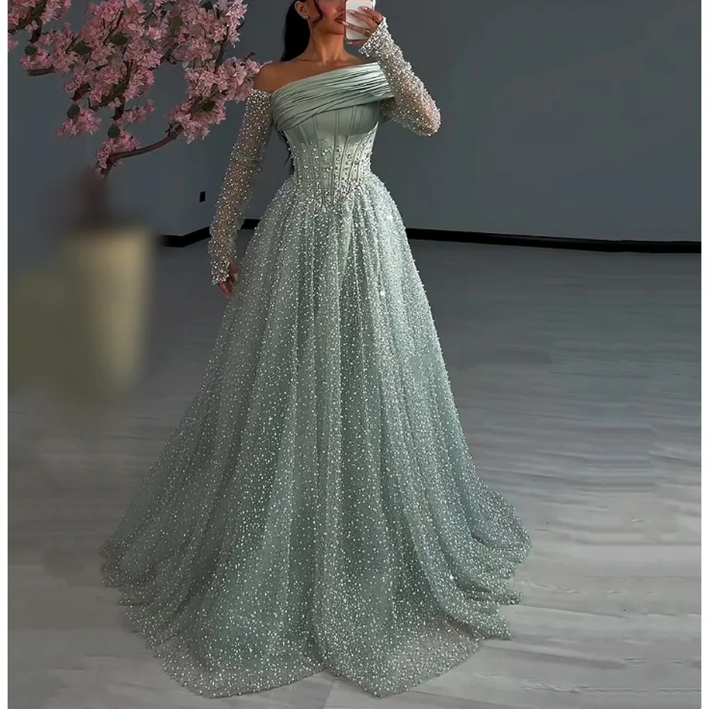 Maßgeschneidertes Luxus-Glitzer-Abendkleid, schulterfrei, A-Linie, bodenlang, für Abschlussball, Hochzeit, Party, Bankett, exquisit