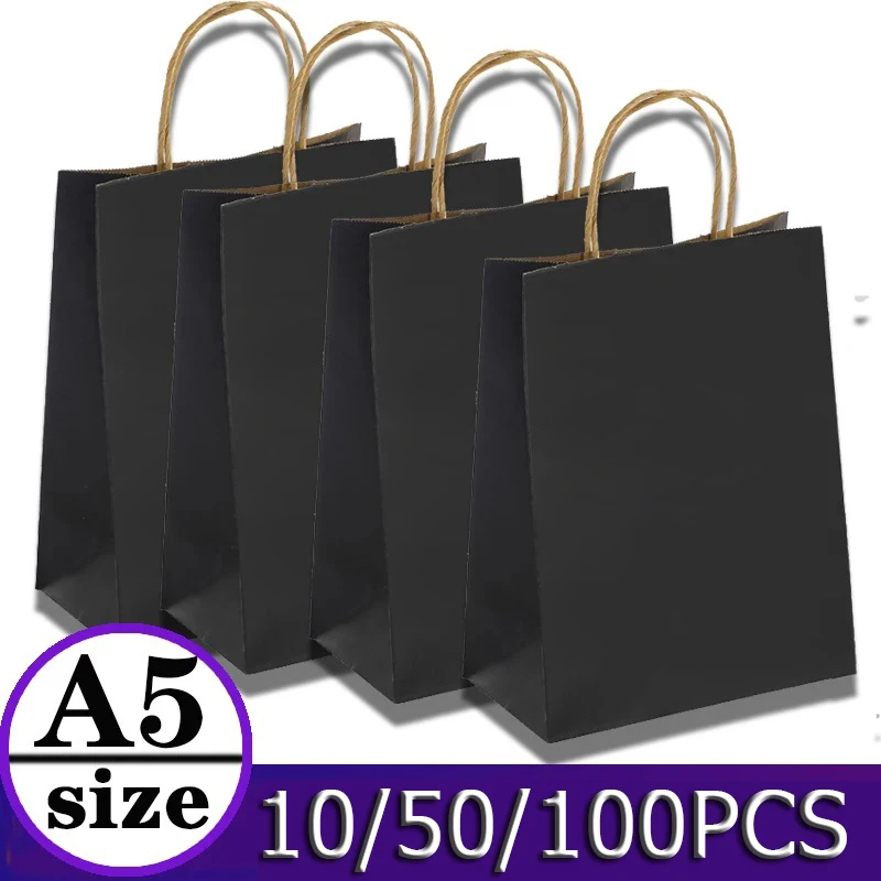 Venta al por mayor, 100/50 Uds. Bolsa de papel Kraft negra A5 con asa, bolsa de regalo clásica para compras, bolsa de embalaje para regalo de joyería de Halloween y Navidad
