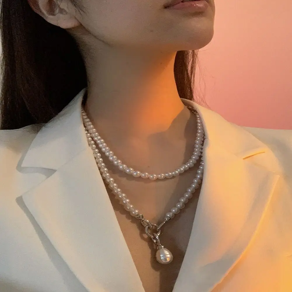 Statement Pearls Long Necklace For Women Personality Chains Big Pendant Collares Jewelry Chain Cool Suit Crossbody Chain