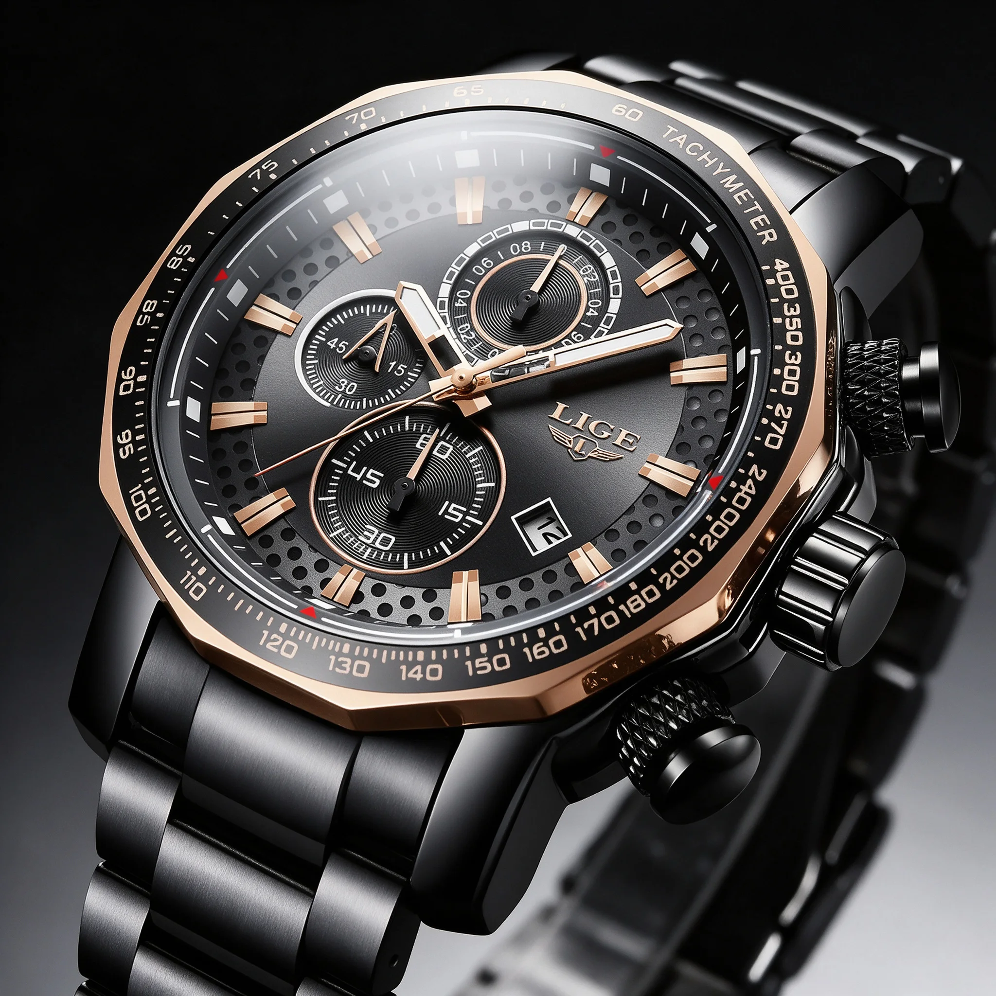 LIGE Men Big Watches Brand Sport Watch Men Luxury Military Steel Quartz Wrist Watches Chronograph Gold Clock Relogios Masculino