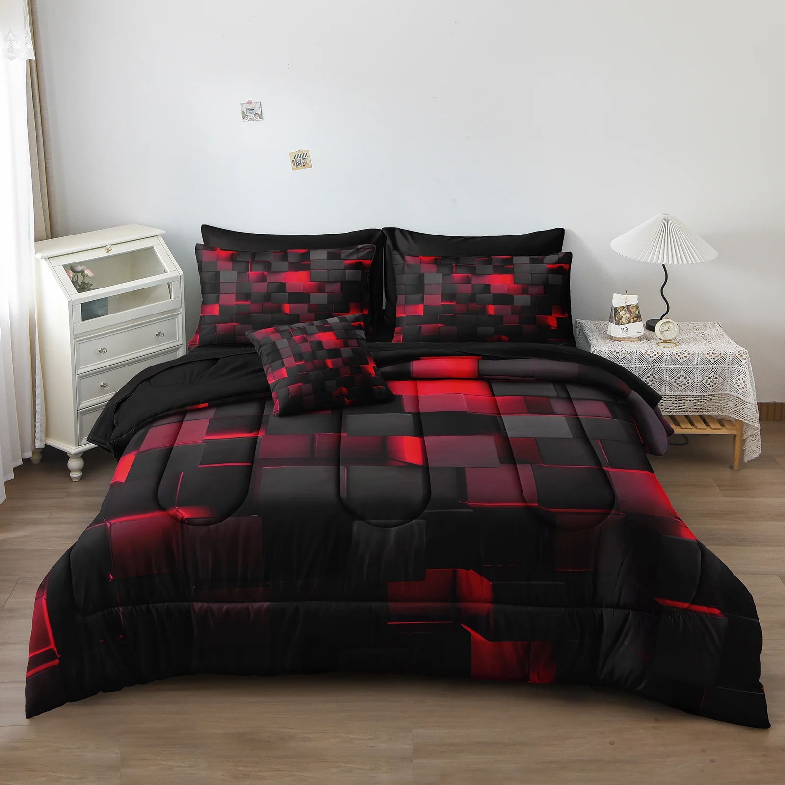 Solid Geometric Queen Size Comforter Set Cushion Cover,4 Pcs Orange Black Bedding Set,Gradual Change Honeycomb Quilt Set,Modern Square Texture Bedding for All Season