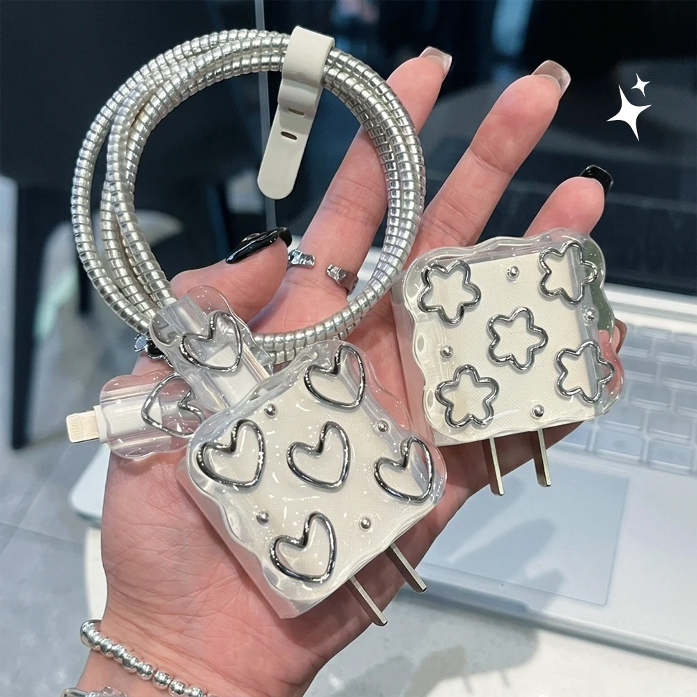 Cute Transparent Shining Love Heart Charger Protective Case Sleeve For Apple iPhone 18/20W Laser Cable Winder Wire Protectors