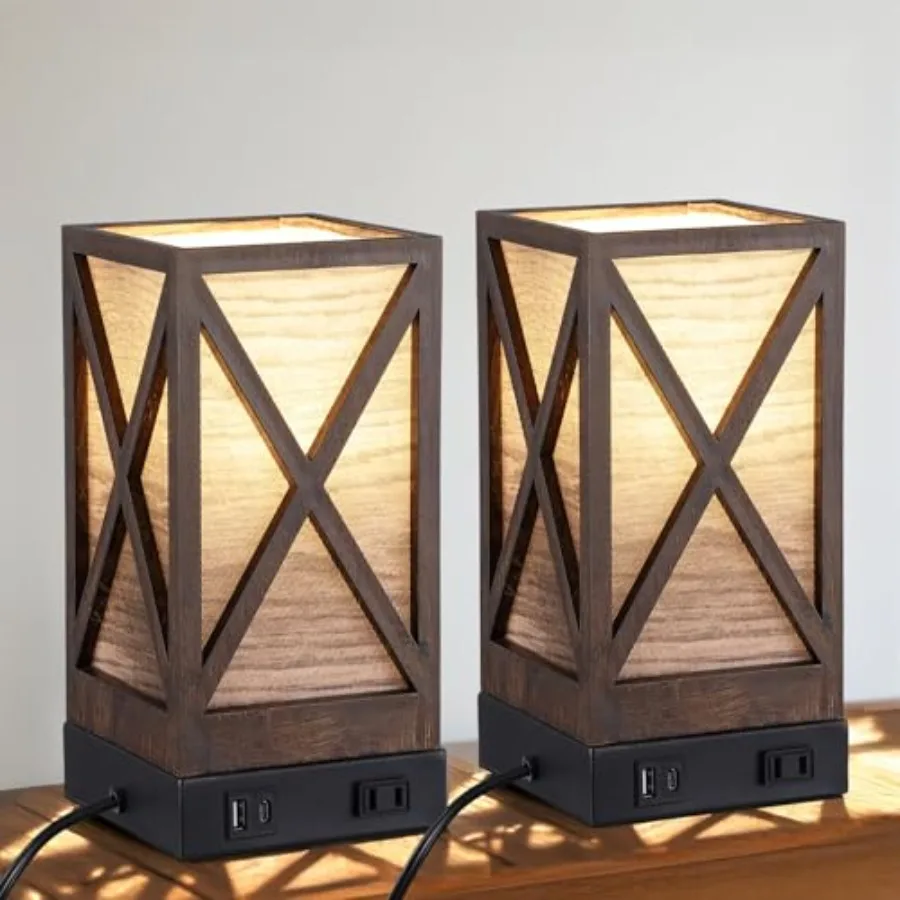 

Table Lamp, Set of 2 Rustic Farmhouse Nightstand Lamps, 3 Color Temperatures Desk Lamp with USB Charging Ports AC Outlet Vintag