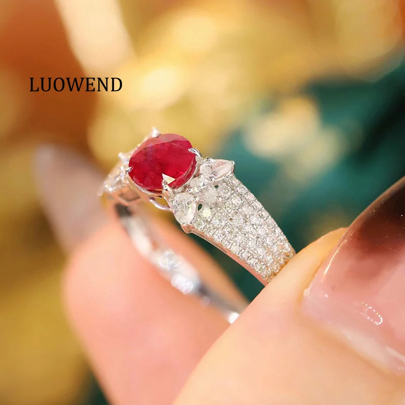 LUOWEND 100% 18K White Gold Rings Luxury Diamond Natural Ruby Ring Romantic Style Gemstone Jewelry for Women Senior Banquet