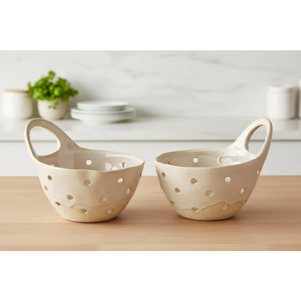 

2-Piece Cream Stoneware Colander Set, Kitchen Strainer for Pasta Salad Vegetables, Dishwasher Safe