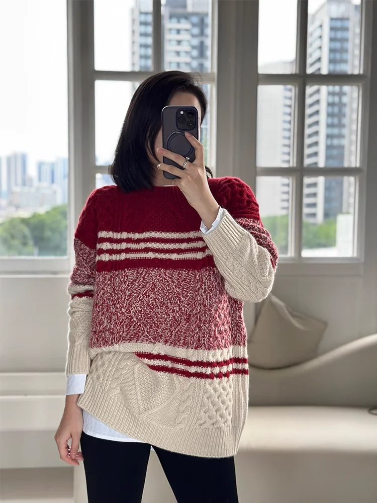 

Autumn/Winter New Women's 100% Pure Cashmere Pullover Casual Striped Knitted Sweater Loose Round Neck Tops Thickened Warm Jumper