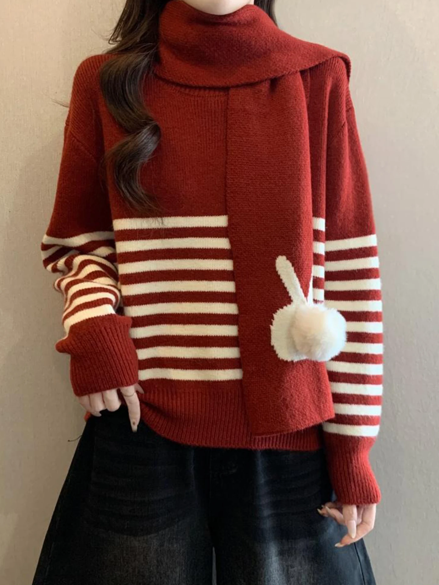 

Sweet Anti-Aging Red Striped Sweater with Scarf Women's Autumn Winter plus Size Soft Cozy Knitted Top Commute Sle Loose Fit