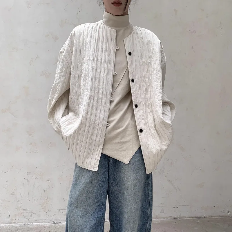 

Design Sense Niche Loose Casual Coat Women's Pit Strip Spring Round Neck Padded Cotton Shirt Lazy Thin Coat Tide