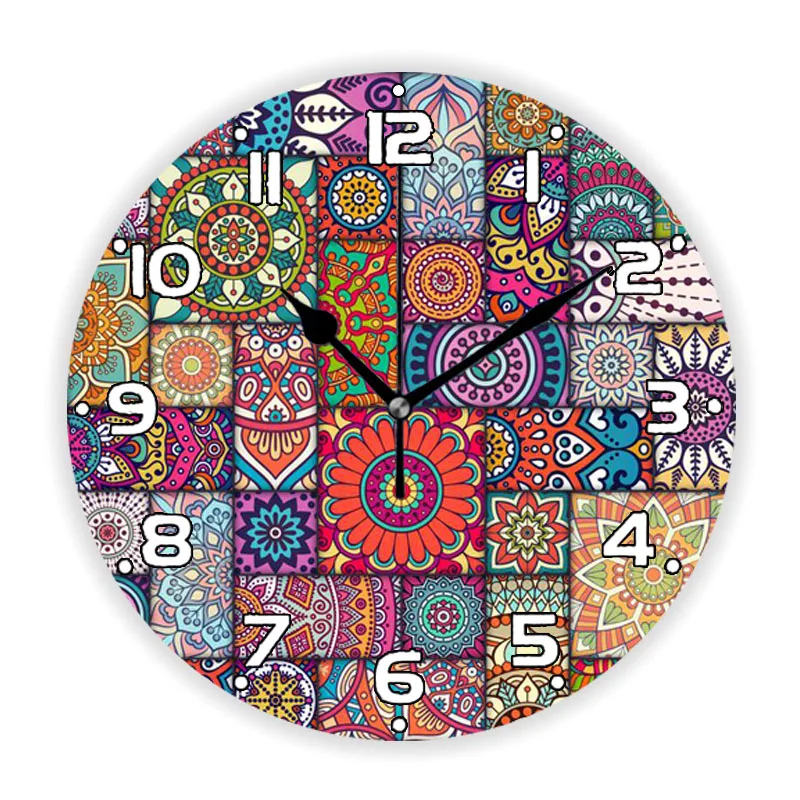 Indian Colorful Tribal Moroccan Bohemian Mandala Wall Clock for Living Room Kitchen Ethnic Mosaic Art Wall Watch Home Decor 30cm