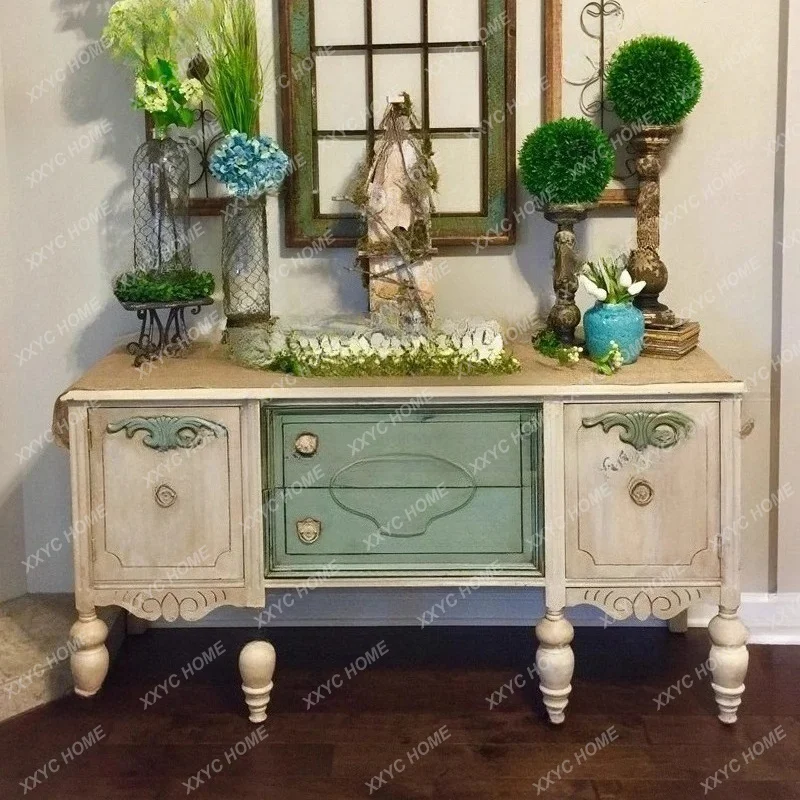 vintage solid wood TV cabinet, living room storage cabinet, country carved sideboard