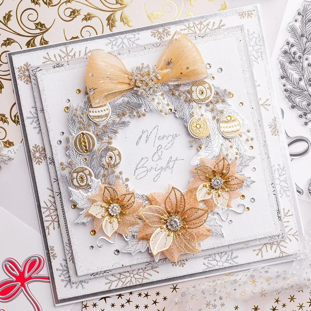 Gilded Floral Merry Christmas Wreath Baubles Shooting Star Poinsettia Rose Metal Cutting Die Stamp Scrapbook Stencil Photo DIY view 2